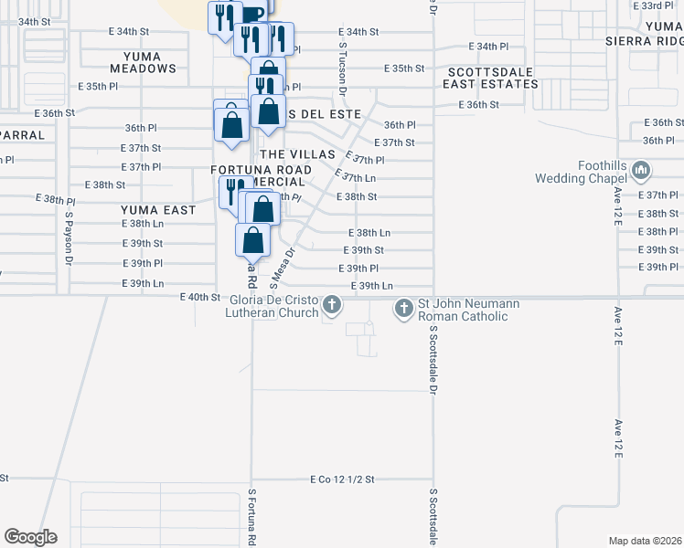 map of restaurants, bars, coffee shops, grocery stores, and more near 11322 East 39th Lane in Yuma