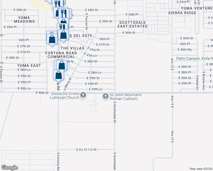 map of restaurants, bars, coffee shops, grocery stores, and more near 11324-11498 East 39th Lane in Yuma