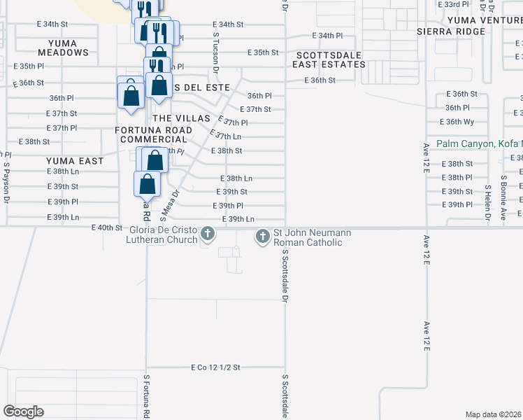 map of restaurants, bars, coffee shops, grocery stores, and more near 11324-11498 East 39th Lane in Yuma