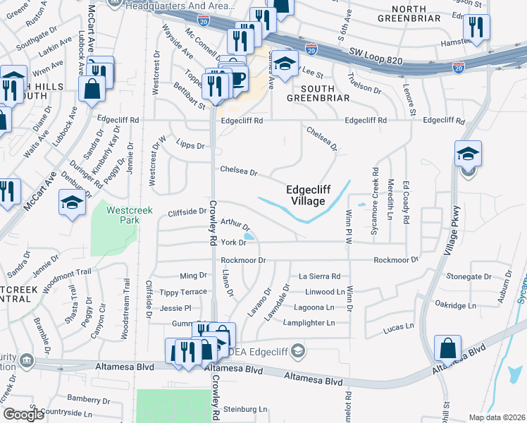 map of restaurants, bars, coffee shops, grocery stores, and more near 16 Cliffside Dr in Fort Worth