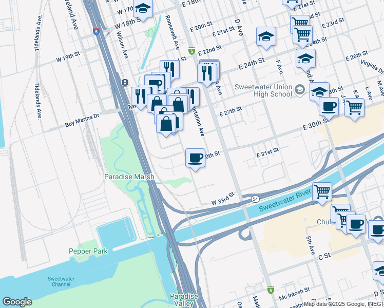 map of restaurants, bars, coffee shops, grocery stores, and more near 135-217 W 30th St in National City