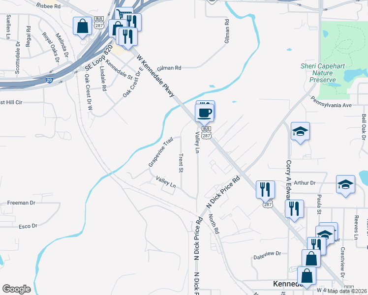 map of restaurants, bars, coffee shops, grocery stores, and more near 844 Trent Street in Kennedale