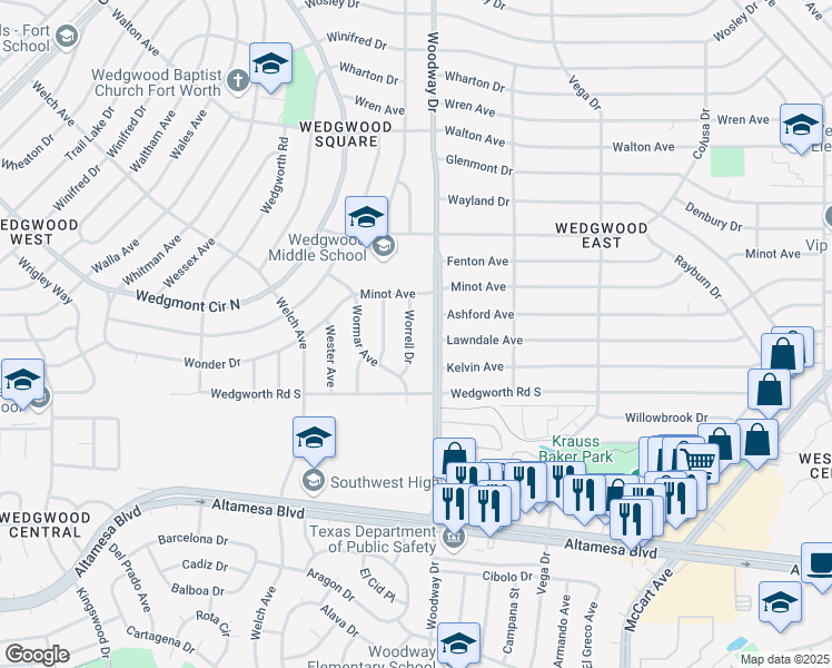 map of restaurants, bars, coffee shops, grocery stores, and more near 6021 Worrell Drive in Fort Worth