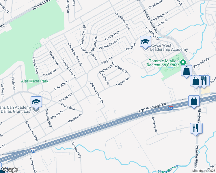 map of restaurants, bars, coffee shops, grocery stores, and more near 6655 Cattle Drive in Dallas