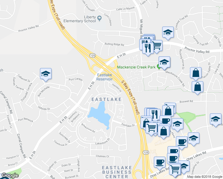 map of restaurants, bars, coffee shops, grocery stores, and more near 648 Watertown Lane in Chula Vista