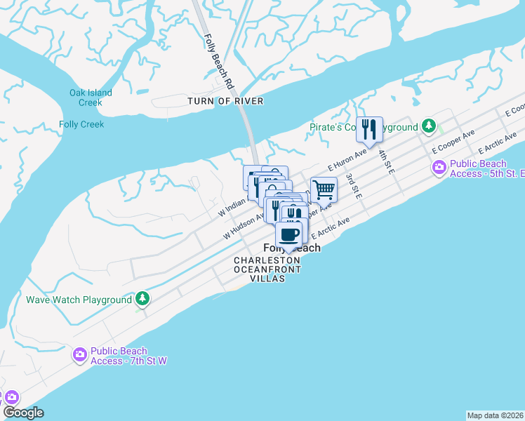 map of restaurants, bars, coffee shops, grocery stores, and more near 105 West Hudson Avenue in Folly Beach