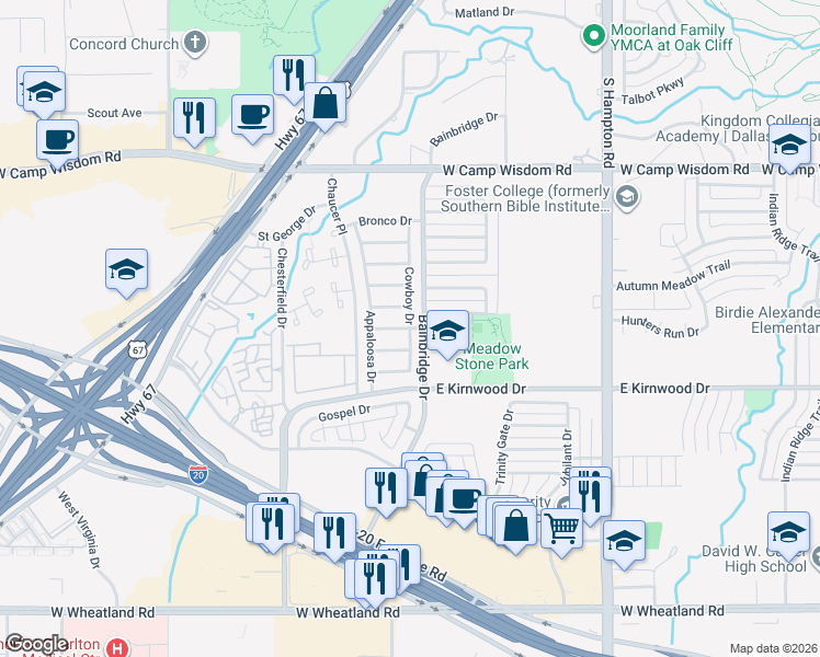 map of restaurants, bars, coffee shops, grocery stores, and more near Lonesome Dove Lane in Dallas