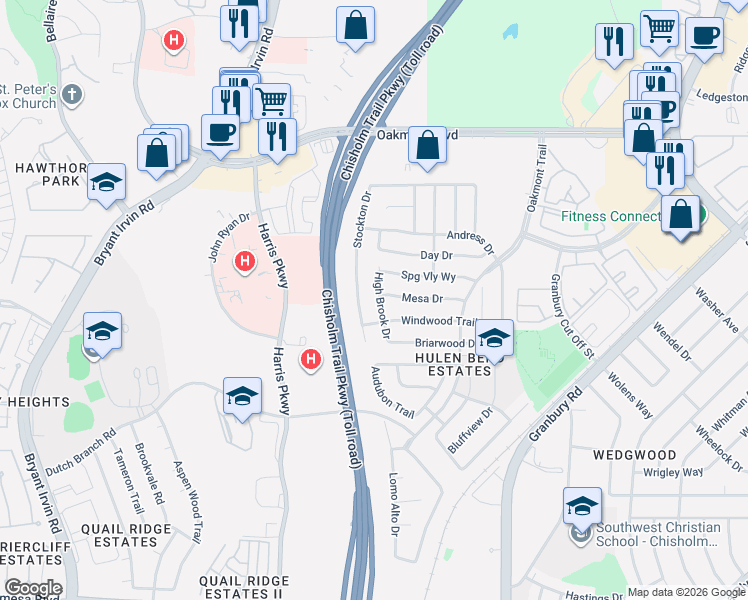 map of restaurants, bars, coffee shops, grocery stores, and more near 6500 High Brook Drive in Fort Worth