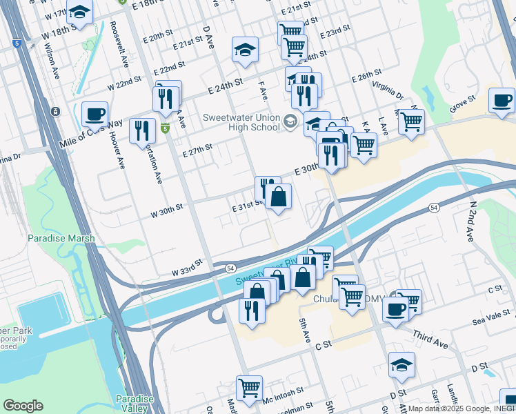map of restaurants, bars, coffee shops, grocery stores, and more near 316 East 31st Street in National City