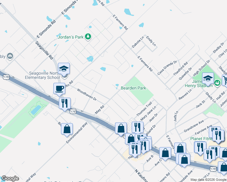 map of restaurants, bars, coffee shops, grocery stores, and more near 401 May Road in Seagoville
