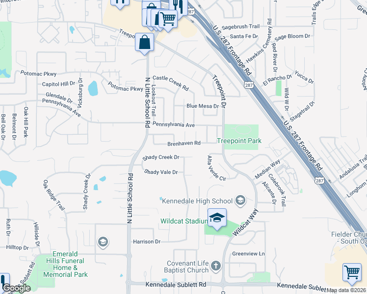 map of restaurants, bars, coffee shops, grocery stores, and more near 919 Shady Creek Drive in Kennedale