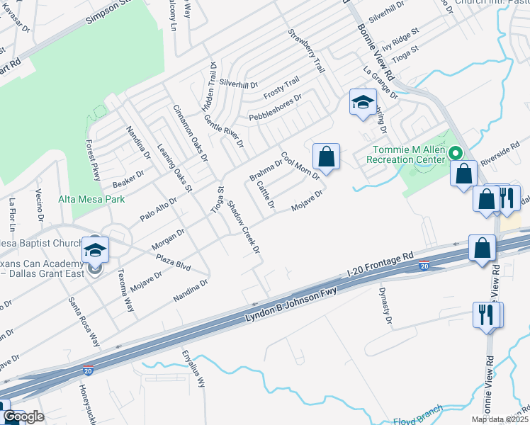 map of restaurants, bars, coffee shops, grocery stores, and more near 6656 Happy Trails Drive in Dallas
