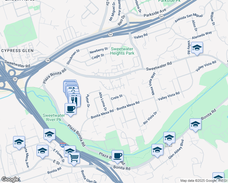 map of restaurants, bars, coffee shops, grocery stores, and more near 3101 Royal Place in Bonita
