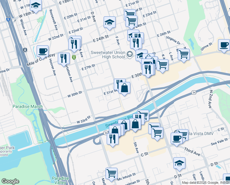 map of restaurants, bars, coffee shops, grocery stores, and more near 316 East 31st Street in National City