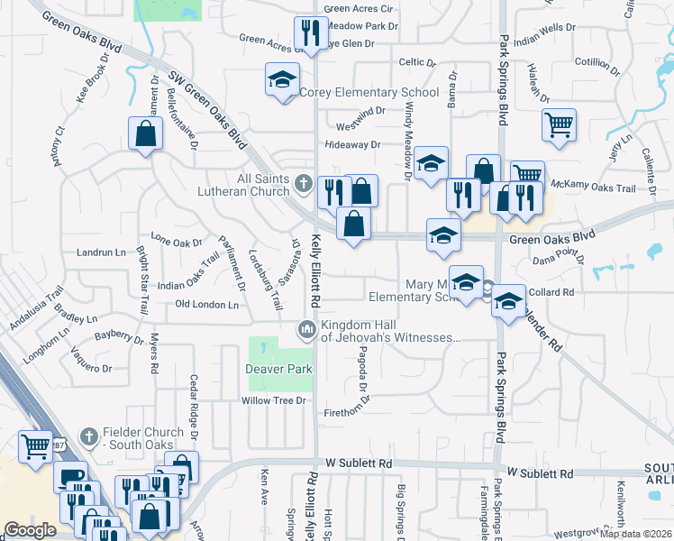 map of restaurants, bars, coffee shops, grocery stores, and more near 4202 Brownwood Lane in Arlington