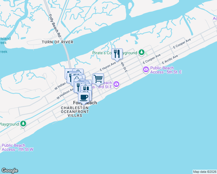map of restaurants, bars, coffee shops, grocery stores, and more near 219 East Arctic Avenue in Folly Beach