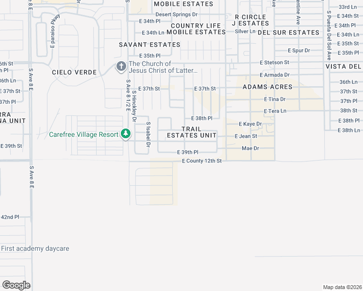map of restaurants, bars, coffee shops, grocery stores, and more near 8834 East 39th Place in Yuma