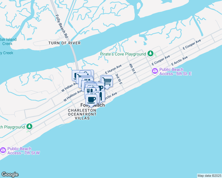map of restaurants, bars, coffee shops, grocery stores, and more near 206 East Arctic Avenue in Folly Beach