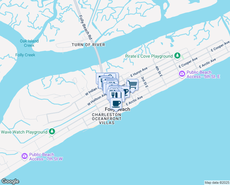 map of restaurants, bars, coffee shops, grocery stores, and more near 26 Center Street in Folly Beach