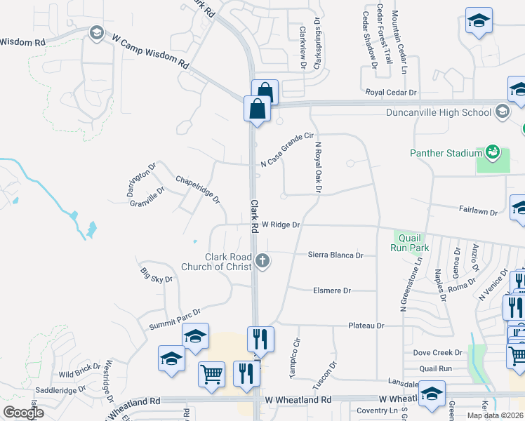 map of restaurants, bars, coffee shops, grocery stores, and more near 1415 West Ridge Drive in Duncanville