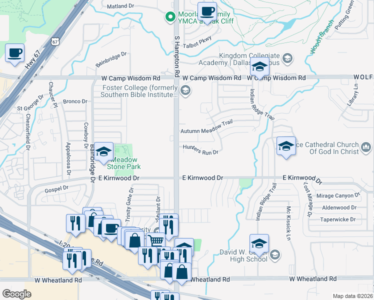 map of restaurants, bars, coffee shops, grocery stores, and more near 7457 Hunters Run Court in Dallas