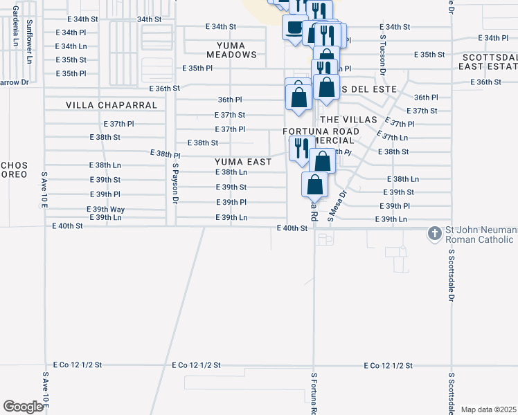 map of restaurants, bars, coffee shops, grocery stores, and more near 10741 East 39th Place in Yuma