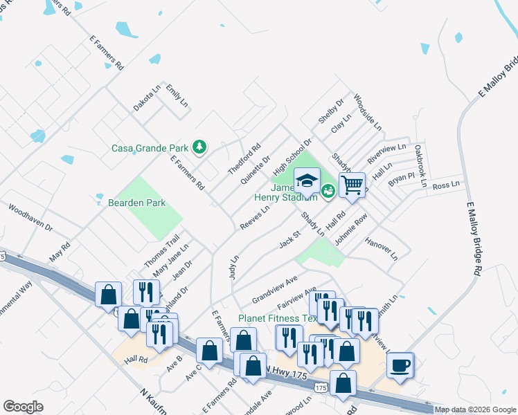 map of restaurants, bars, coffee shops, grocery stores, and more near 733 Reeves Lane in Seagoville