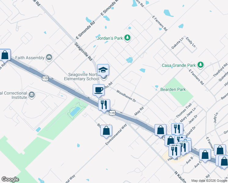map of restaurants, bars, coffee shops, grocery stores, and more near 1725 Woodhaven Drive in Seagoville