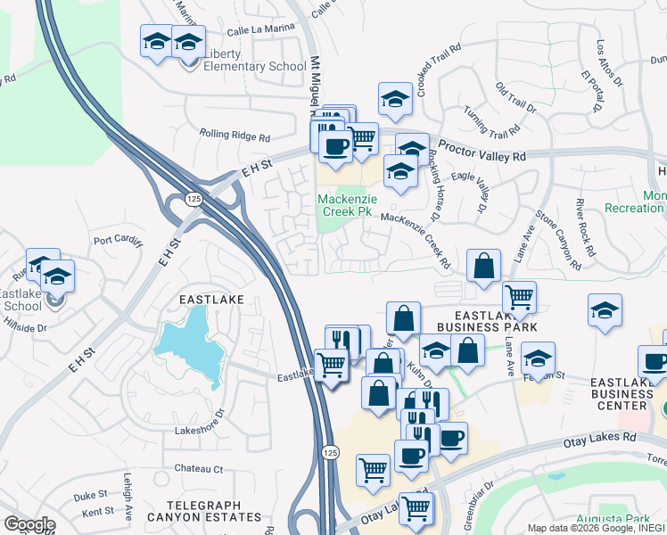 map of restaurants, bars, coffee shops, grocery stores, and more near 2300 Boswell Court in Chula Vista