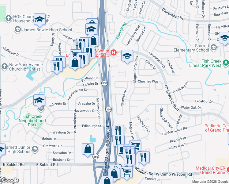 map of restaurants, bars, coffee shops, grocery stores, and more near 2946 Sutton Drive in Grand Prairie