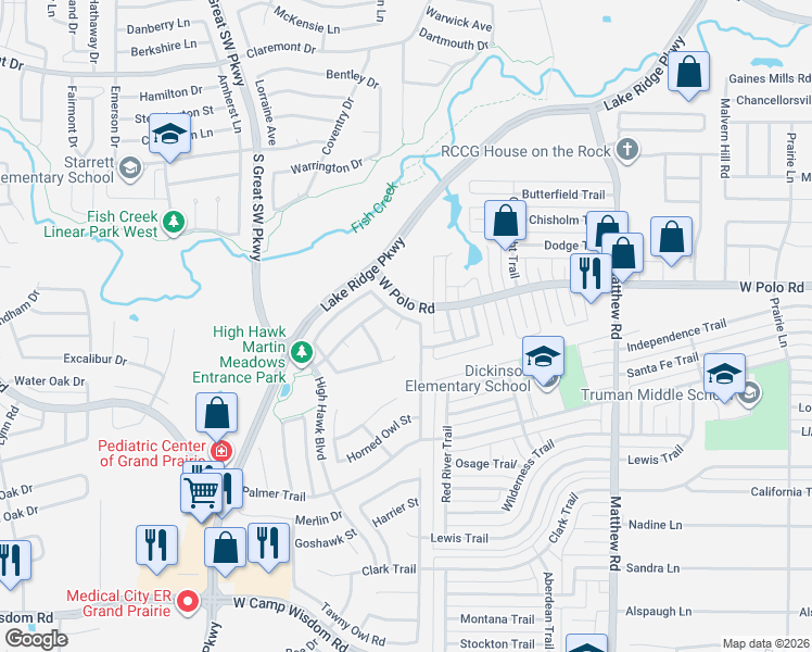 map of restaurants, bars, coffee shops, grocery stores, and more near 4720 Carcara Court in Grand Prairie