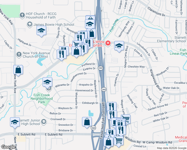 map of restaurants, bars, coffee shops, grocery stores, and more near 2511 Rock Haven Street in Arlington