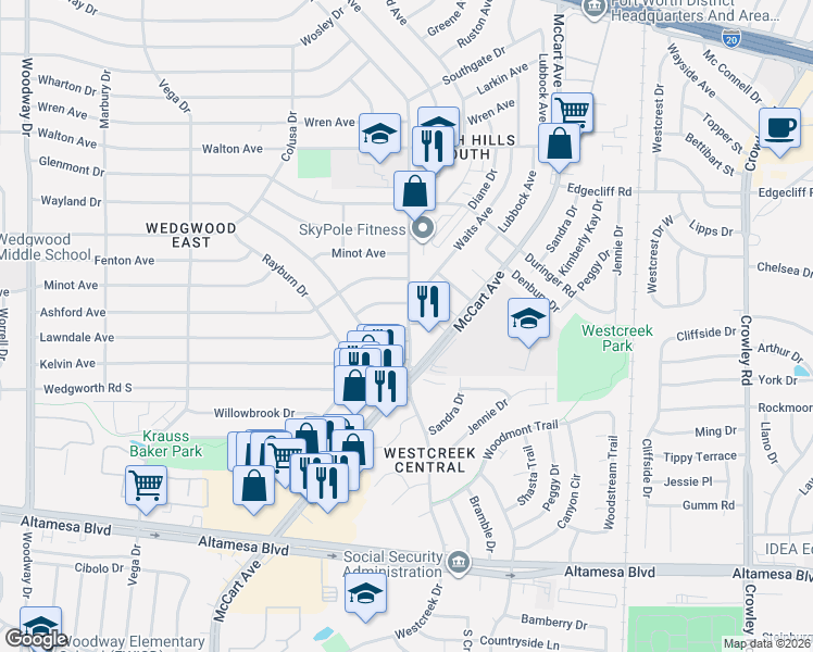 map of restaurants, bars, coffee shops, grocery stores, and more near 6100 Westcreek Drive in Fort Worth