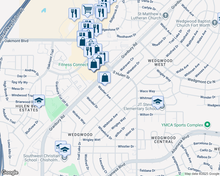 map of restaurants, bars, coffee shops, grocery stores, and more near 6245 Wheaton Drive in Fort Worth