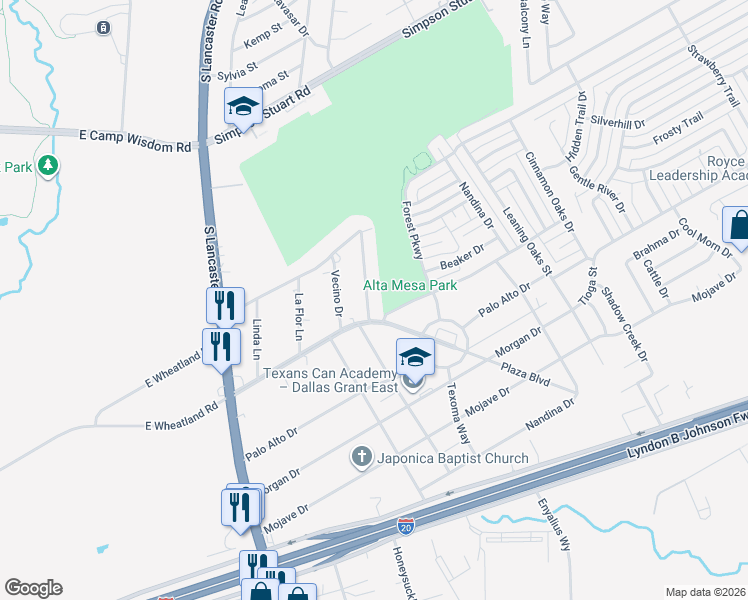 map of restaurants, bars, coffee shops, grocery stores, and more near 7312 Sierra Way in Dallas