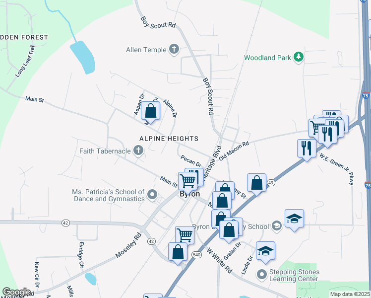map of restaurants, bars, coffee shops, grocery stores, and more near 111 Howard Street in Byron
