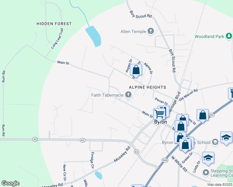 map of restaurants, bars, coffee shops, grocery stores, and more near 68 Pine Forest Street in Byron