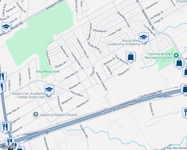 map of restaurants, bars, coffee shops, grocery stores, and more near 6602 Free Range Drive in Dallas