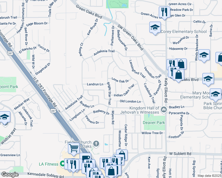 map of restaurants, bars, coffee shops, grocery stores, and more near 5505 Bright Star Trail in Arlington