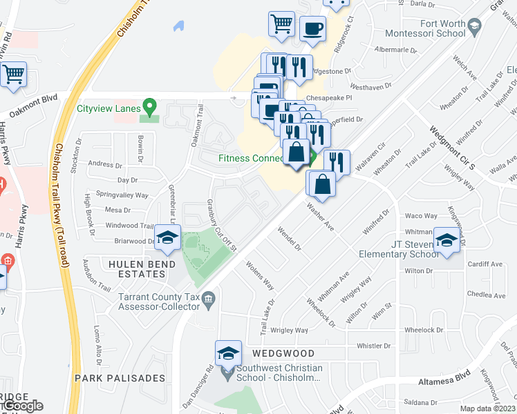 map of restaurants, bars, coffee shops, grocery stores, and more near 6224 Hulen Bend Court in Fort Worth