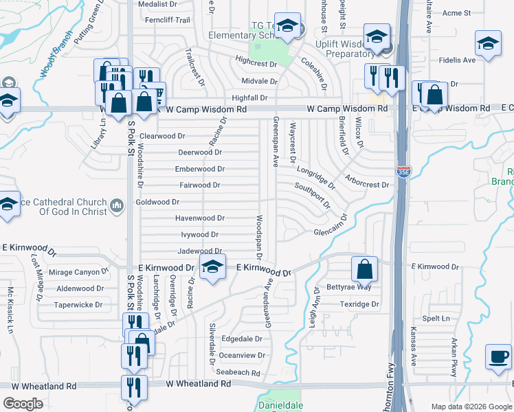 map of restaurants, bars, coffee shops, grocery stores, and more near 715 Havenwood Drive in Dallas