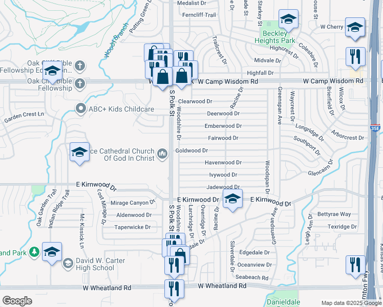map of restaurants, bars, coffee shops, grocery stores, and more near 935 Havenwood Drive in Dallas