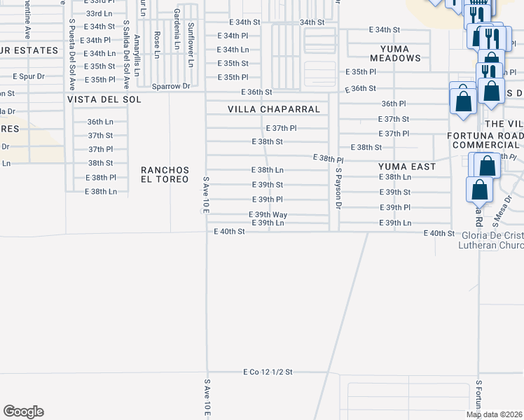 map of restaurants, bars, coffee shops, grocery stores, and more near 10391 East 39th Lane in Yuma