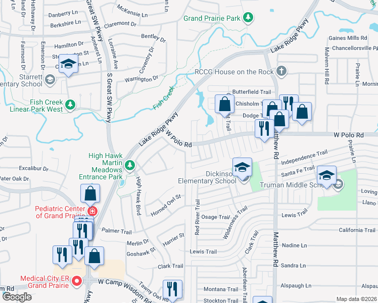 map of restaurants, bars, coffee shops, grocery stores, and more near 2130 Spanish Trail in Grand Prairie
