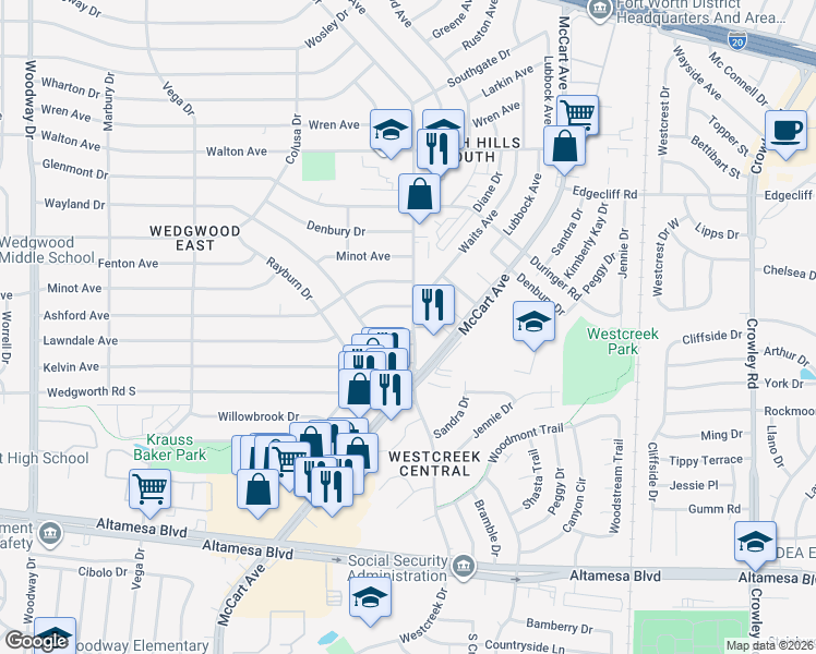 map of restaurants, bars, coffee shops, grocery stores, and more near 6100 Westcreek Drive in Fort Worth