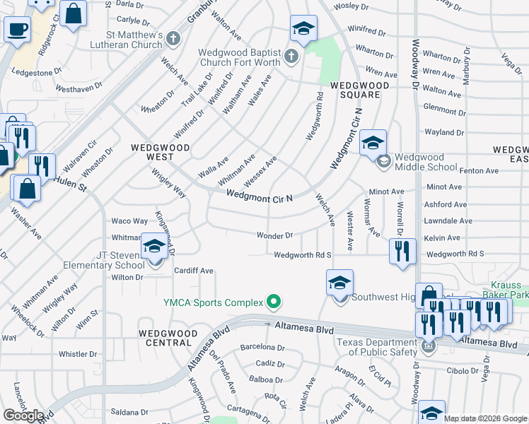 map of restaurants, bars, coffee shops, grocery stores, and more near 6001 Wimbleton Way in Fort Worth
