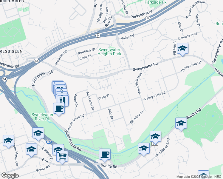 map of restaurants, bars, coffee shops, grocery stores, and more near 3185 Crela Street in Bonita