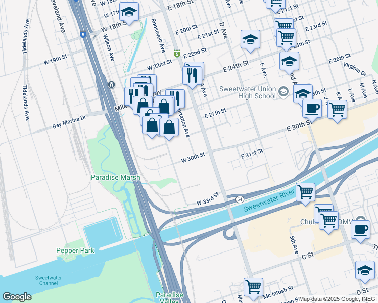map of restaurants, bars, coffee shops, grocery stores, and more near 135 West 30th Street in National City