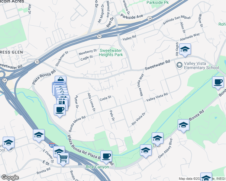 map of restaurants, bars, coffee shops, grocery stores, and more near 3185 Crela Street in Bonita