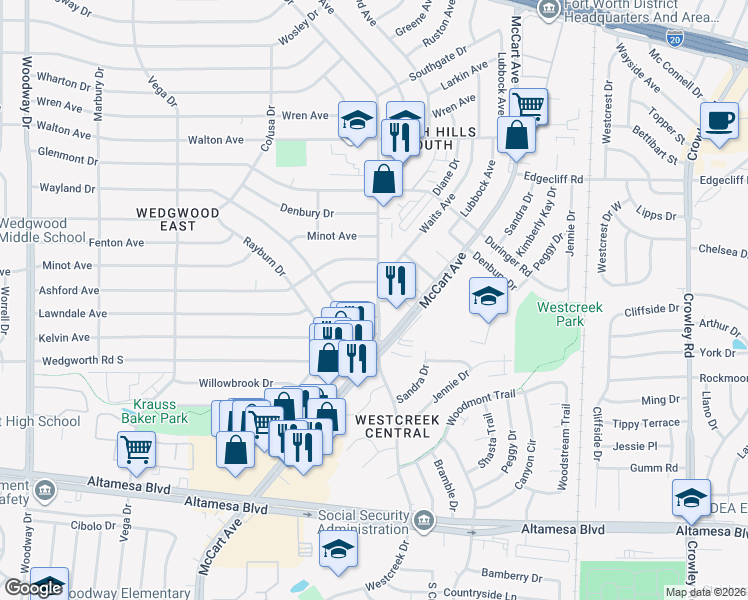 map of restaurants, bars, coffee shops, grocery stores, and more near 6100 Westcreek Drive in Fort Worth